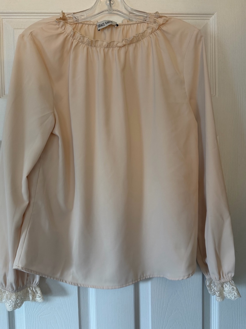 Grace Karin Blouse beige long sleeves round ruffle neck lace cuffs size M - Picture 7 of 8